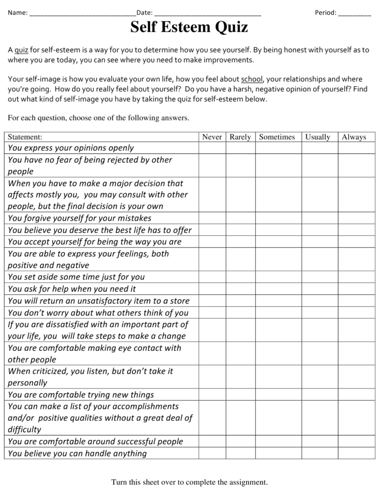 Self Esteem Assessment Worksheet Download Printable Pdf