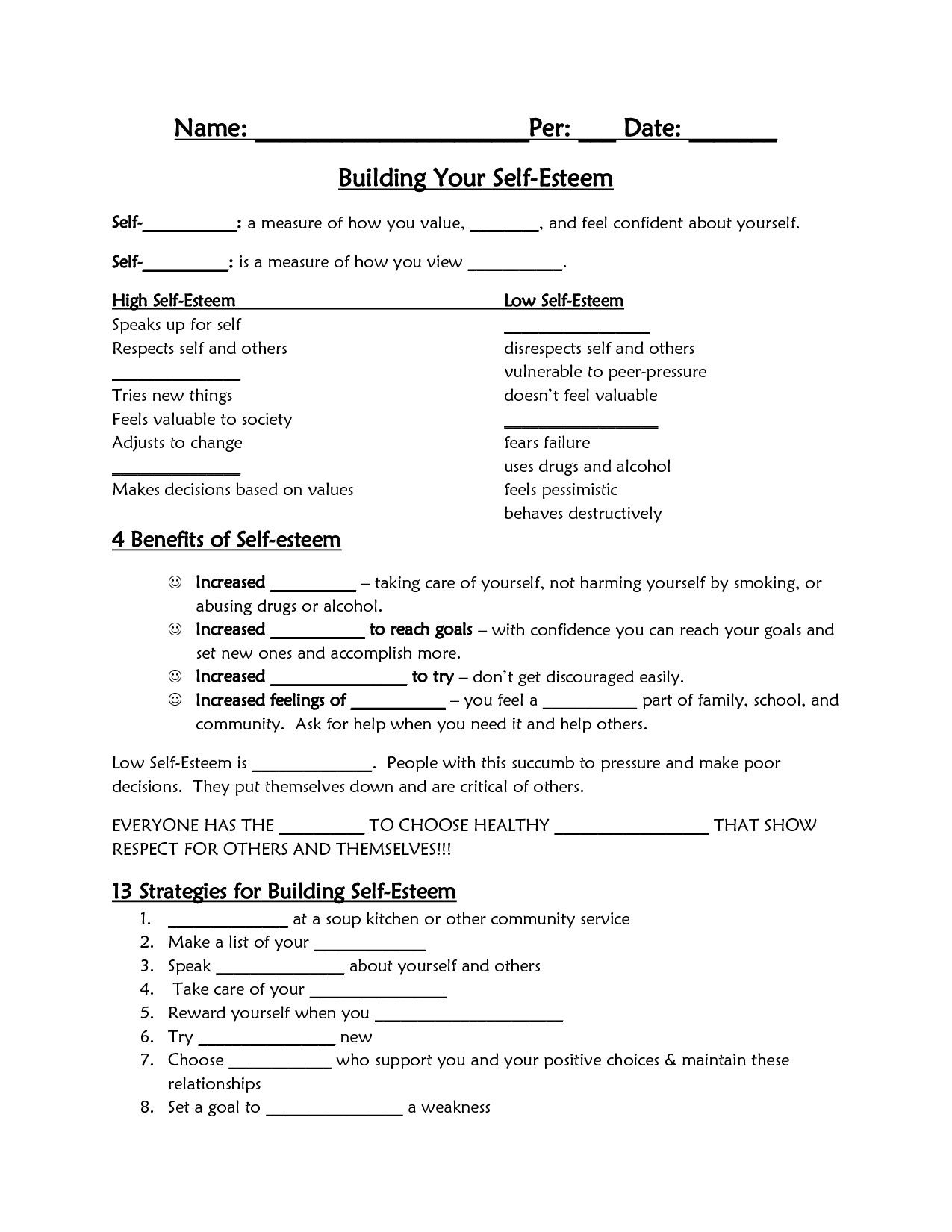 Self Esteem Printable Worksheets | Self Esteem Worksheets