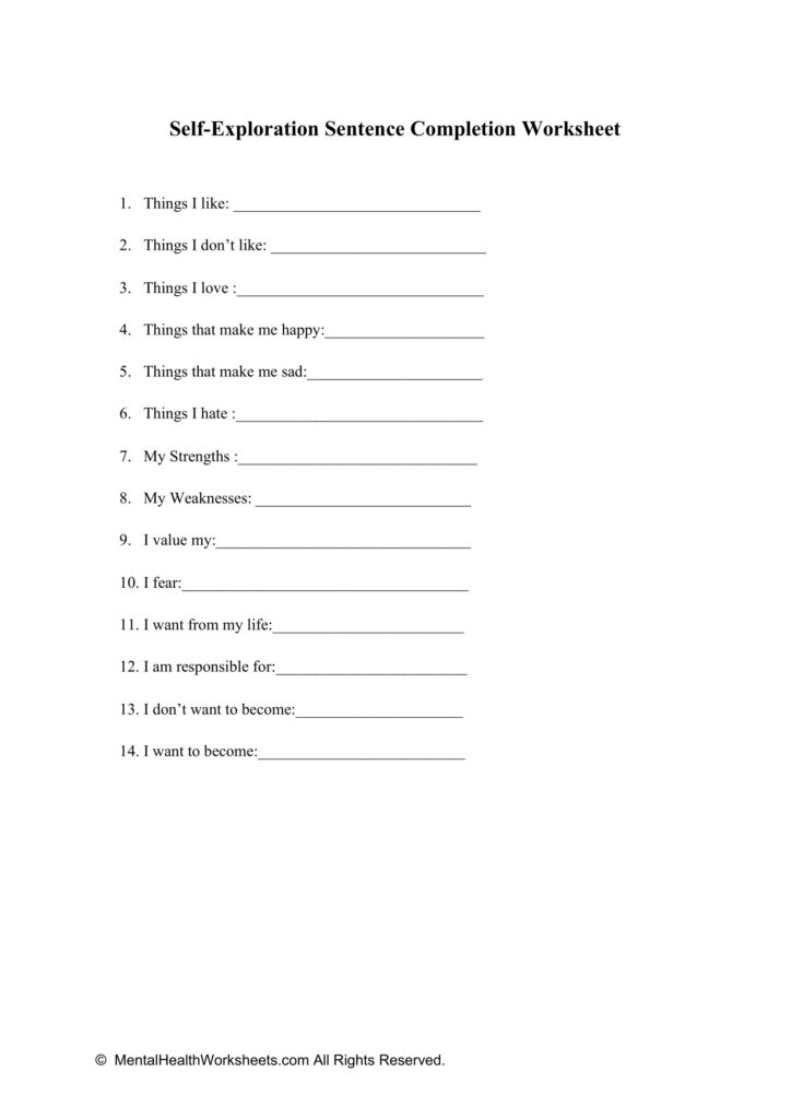 Self Esteem Sentence Completion Worksheets | Printable