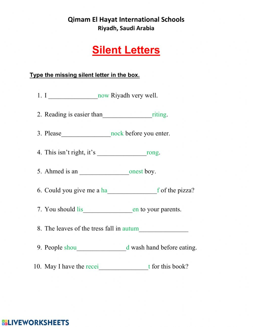 Silent Letters Grade 4 Worksheet