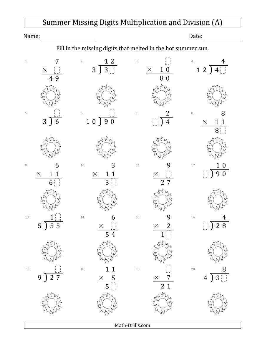 Summer Missing Digits Multiplication And Division (Easier