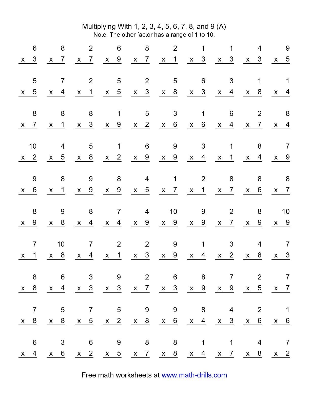 The 100 Vertical Questions -- Multiplication Facts -- 1-9