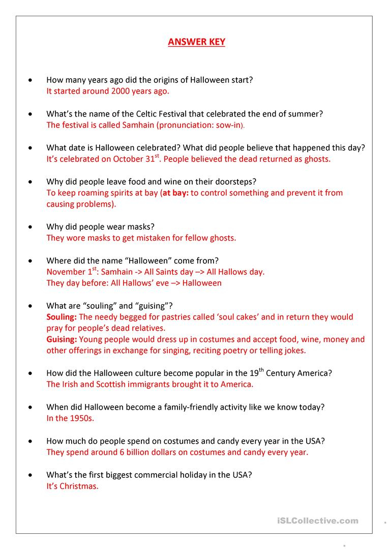 The History Of Halloween (With Answer Key) - English Esl
