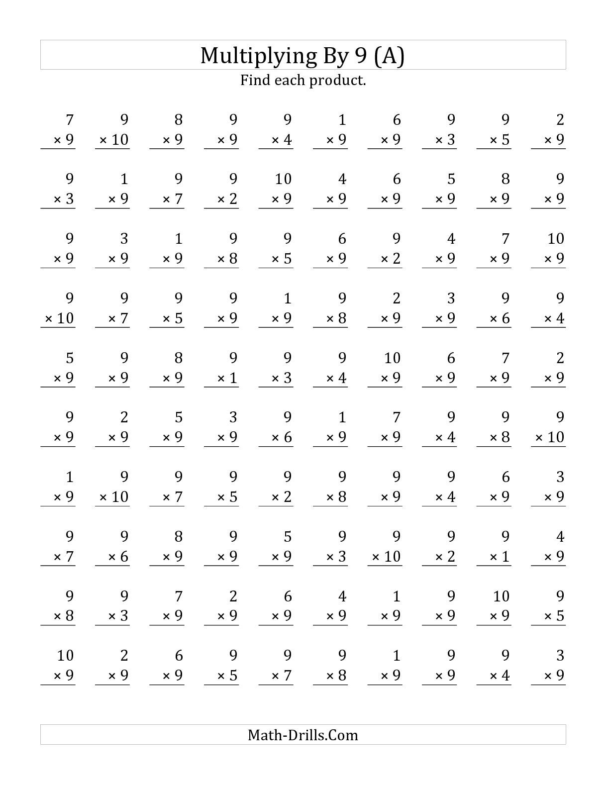 The Multiplying (1 To 10)9 (A) Math Worksheet From The M