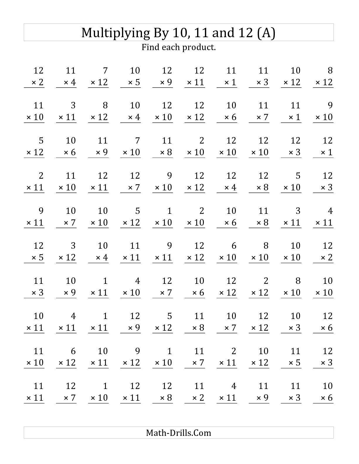 The Multiplying 1 To 1210, 11 And 12 (A) Math Worksheet