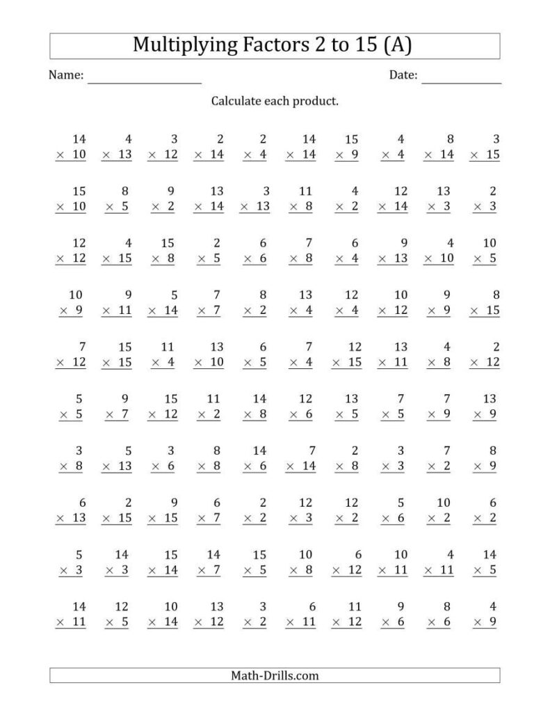 The Multiplying With Factors 2 To 15 (A) Math Worksheet From