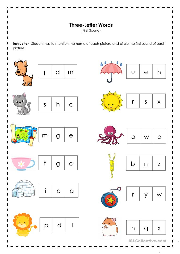 Three-Letter Words (First Sound) - English Esl Worksheets