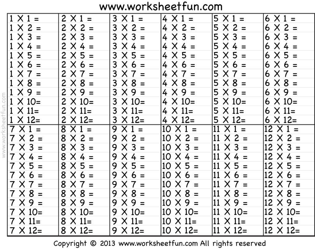 Times Table – 2 12 Worksheets – 1, 2, 3, 4, 5, 6, 7, 8, 9