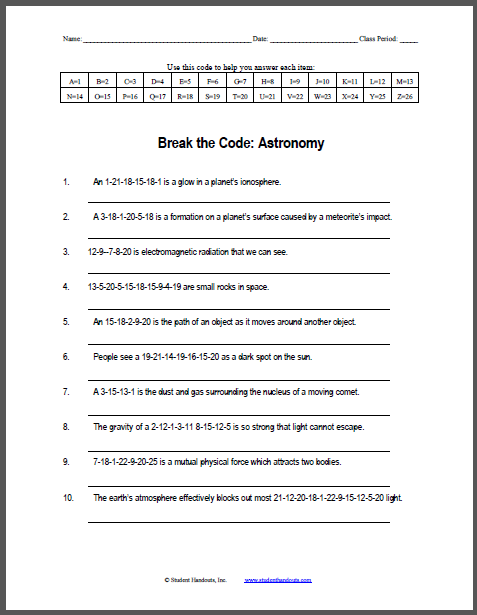 Astronomy Break the Code Puzzle Worksheet Student Handouts