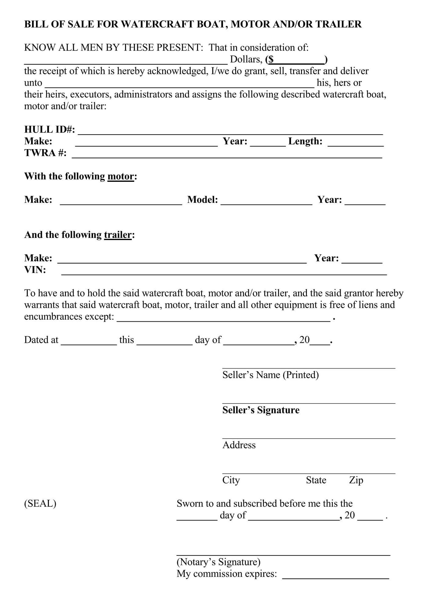 Bill Of Sale Form For Enclosed Trailer Bill Of Sale Form