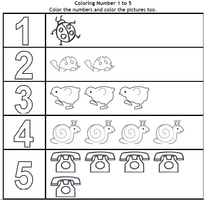Coloring Number 1 5 Kindergarten Worksheets Color 