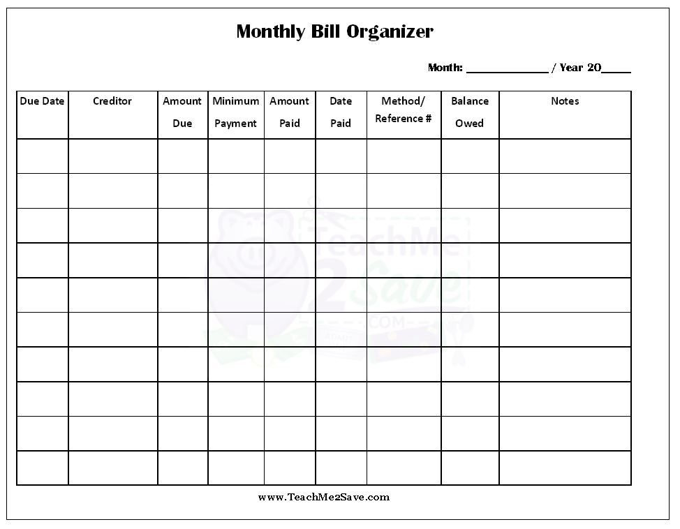 Free Printable Monthly Bill Organizer Sheets Room Surf