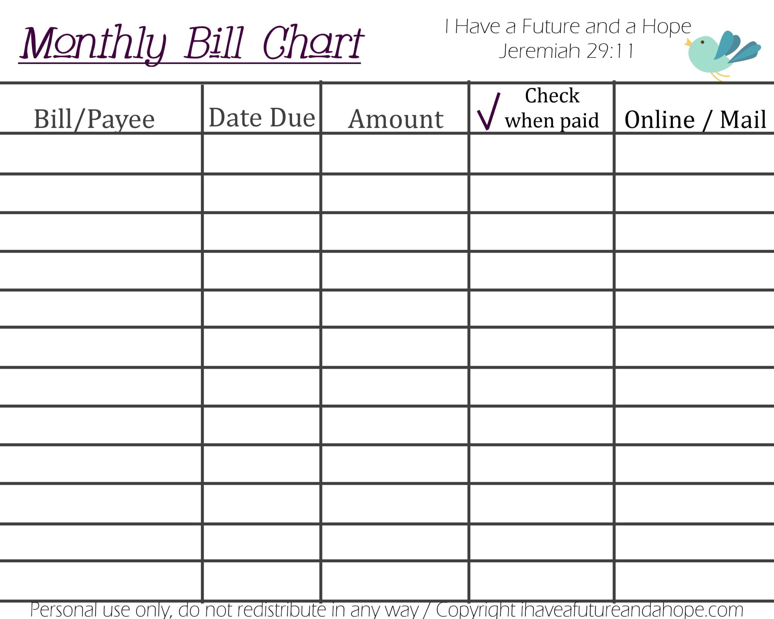 Monthly Bill Chart Printable Free Calendar Template 