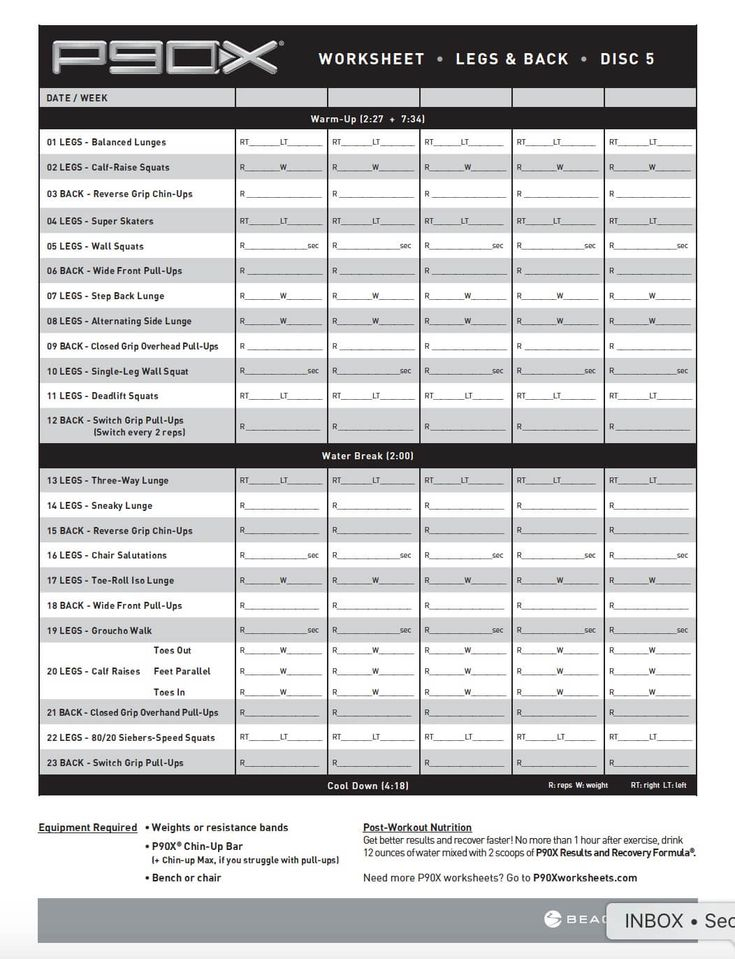 P90X Legs And Back Printable P90x Worksheets