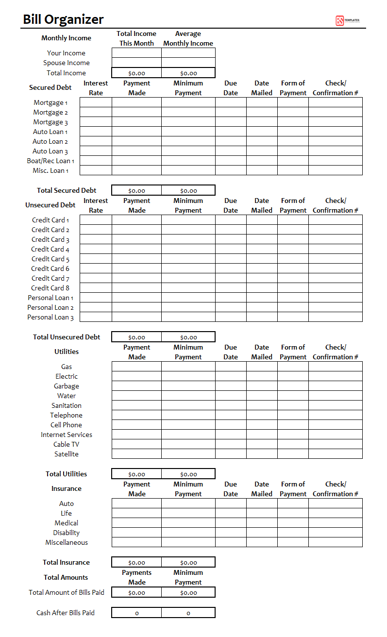 Printable Monthly Bill Organizer For Excel Free PDF Log