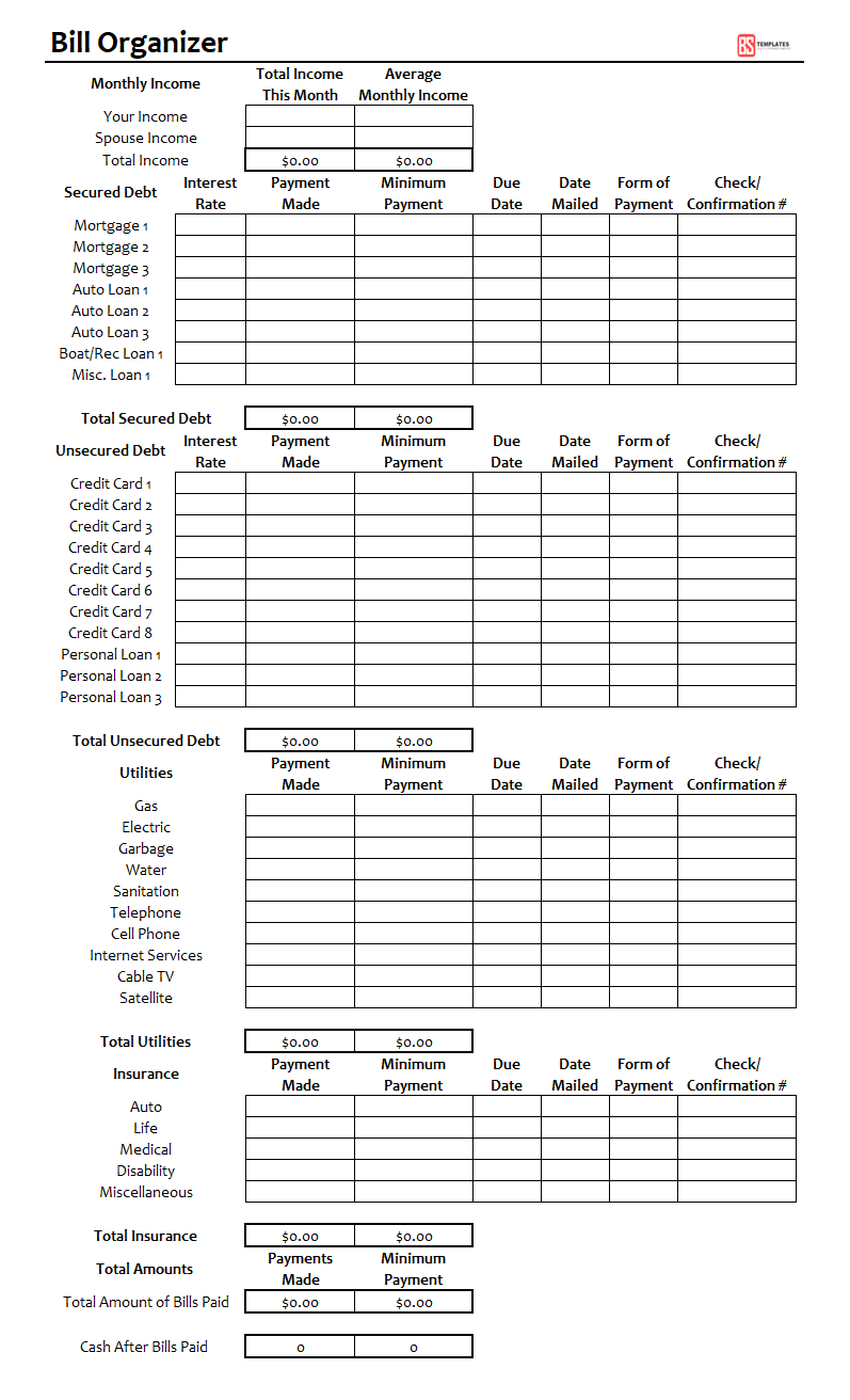 Printable Monthly Bill Organizer For Excel Free PDF Log 