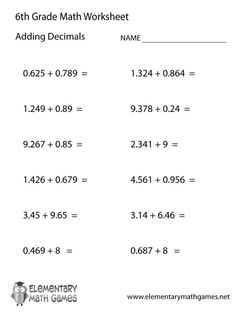 Sixth Grade Adding Decimals Worksheet