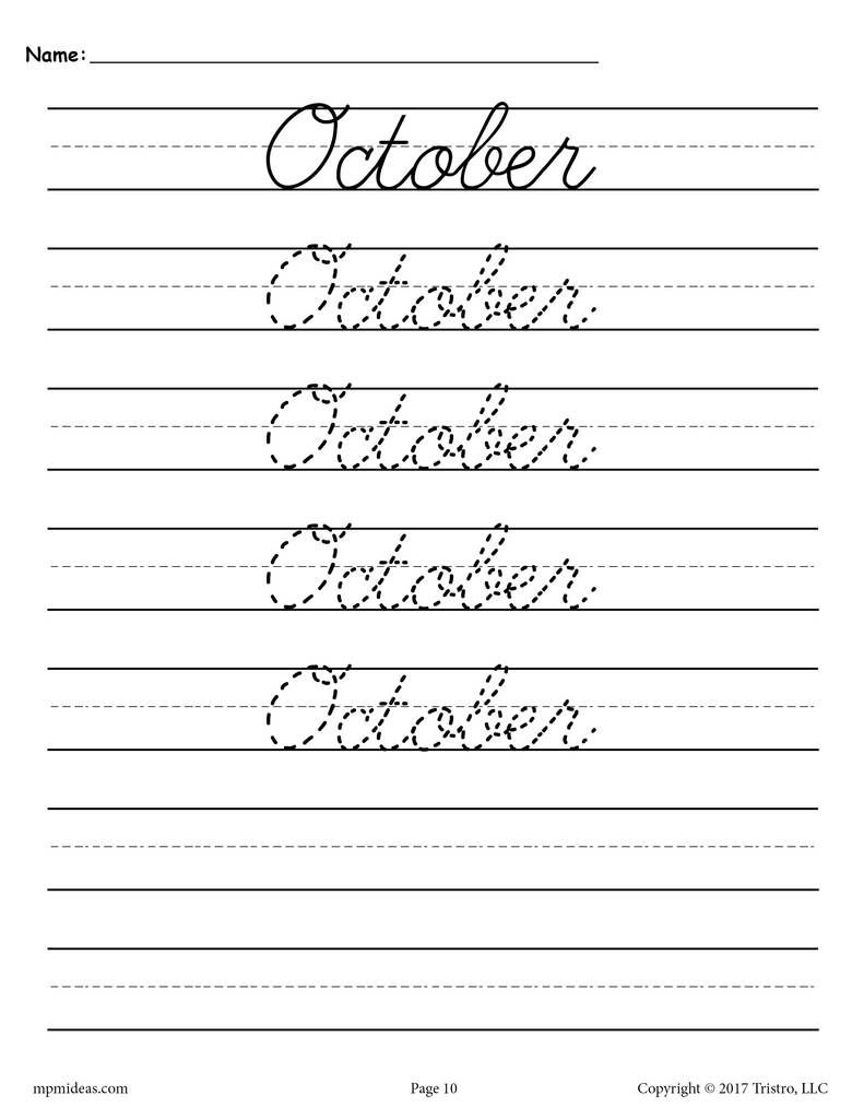 12 Months Of The Year Cursive Handwriting Worksheets 