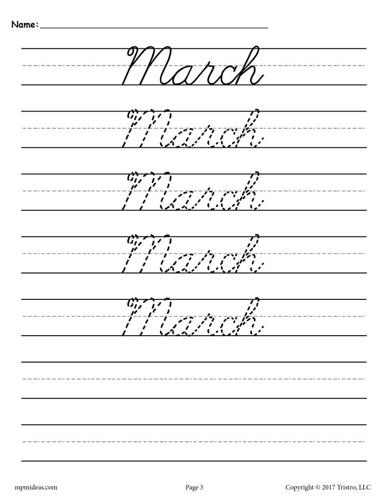 12 Months Of The Year Cursive Handwriting Worksheets 