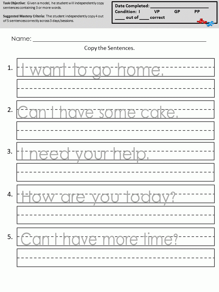 Copying Sentences Worksheets Sentence Writing Writing