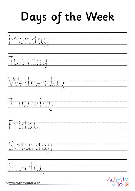 handwriting practice days of the week