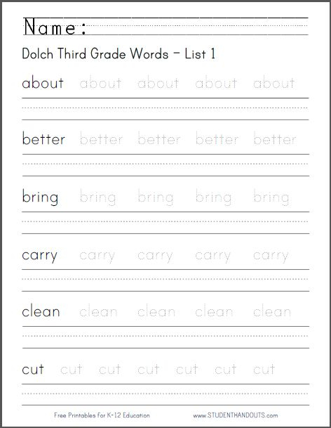 Dolch Third Grade Words Handwriting Worksheets Free To 