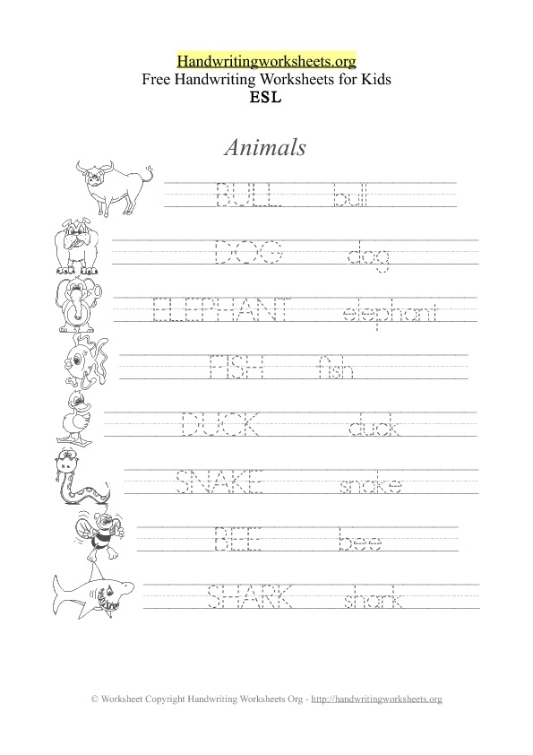 ESL Handwriting Worksheets Animal Names Handwriting 