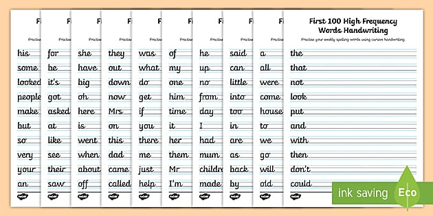 First 100 High Frequency Words Handwriting Worksheets