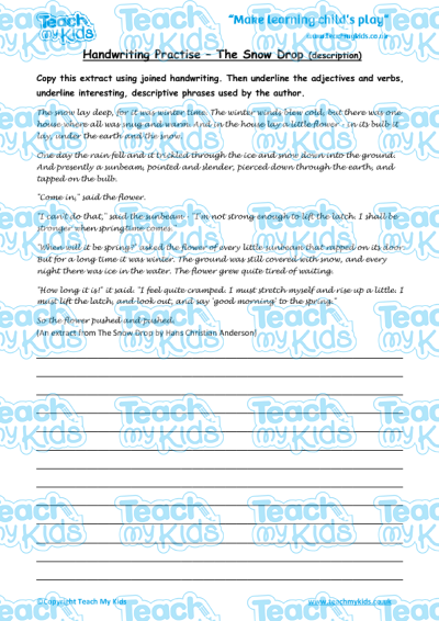 Handwriting Practise The Snow Drop descriptive Writing 