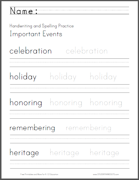 Important Events Handwriting Worksheet Student Handouts 