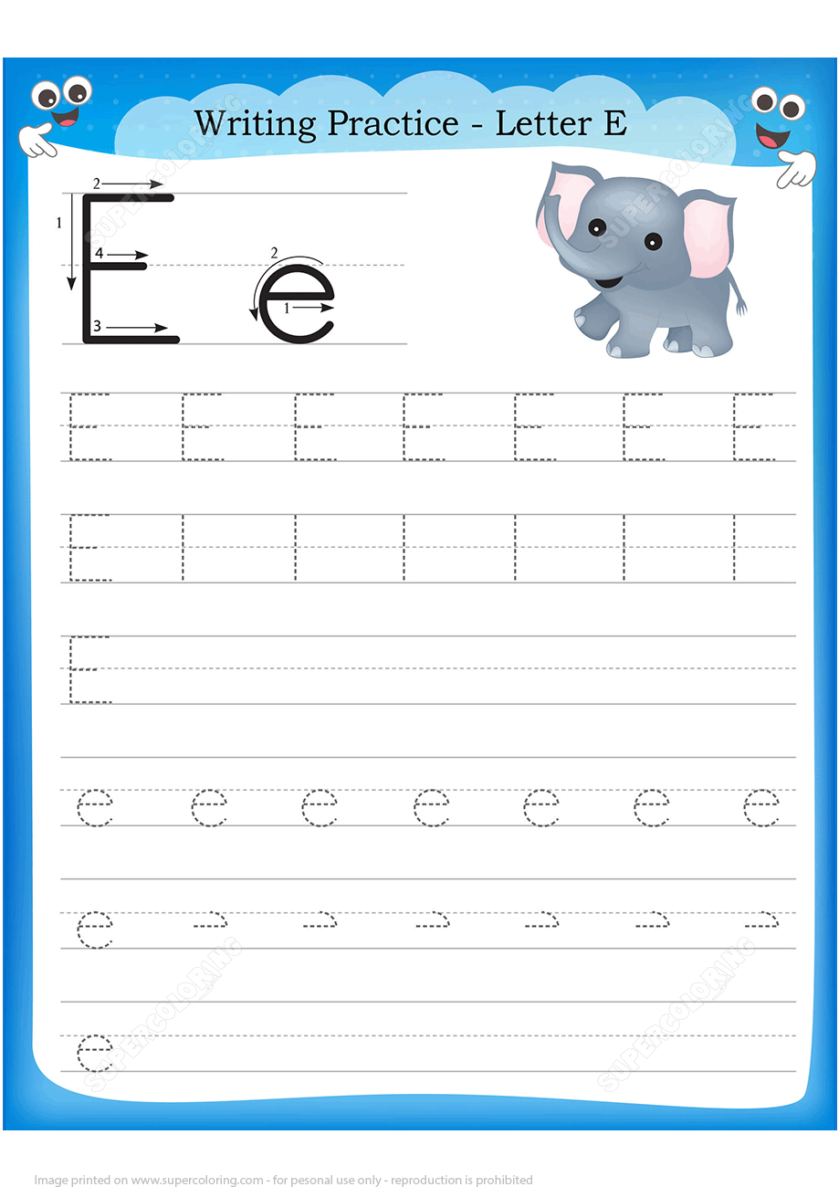 Letter E Is For Elephant Handwriting Practice Worksheet 