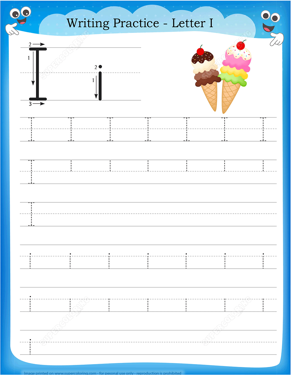 Letter I Is For Ice Cream Handwriting Practice Worksheet 