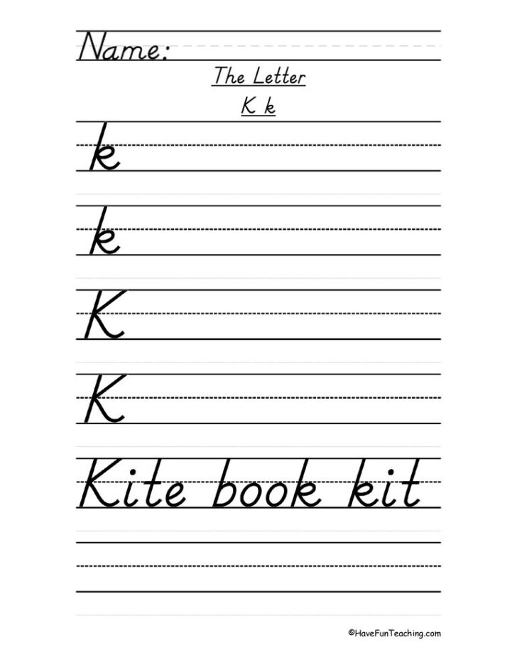 Letter K Handwriting Practice D Nealian | AlphabetWorksheetsFree.com