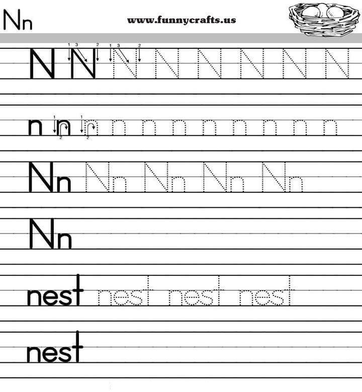 Letter n handwriting worksheets for preschool to first 
