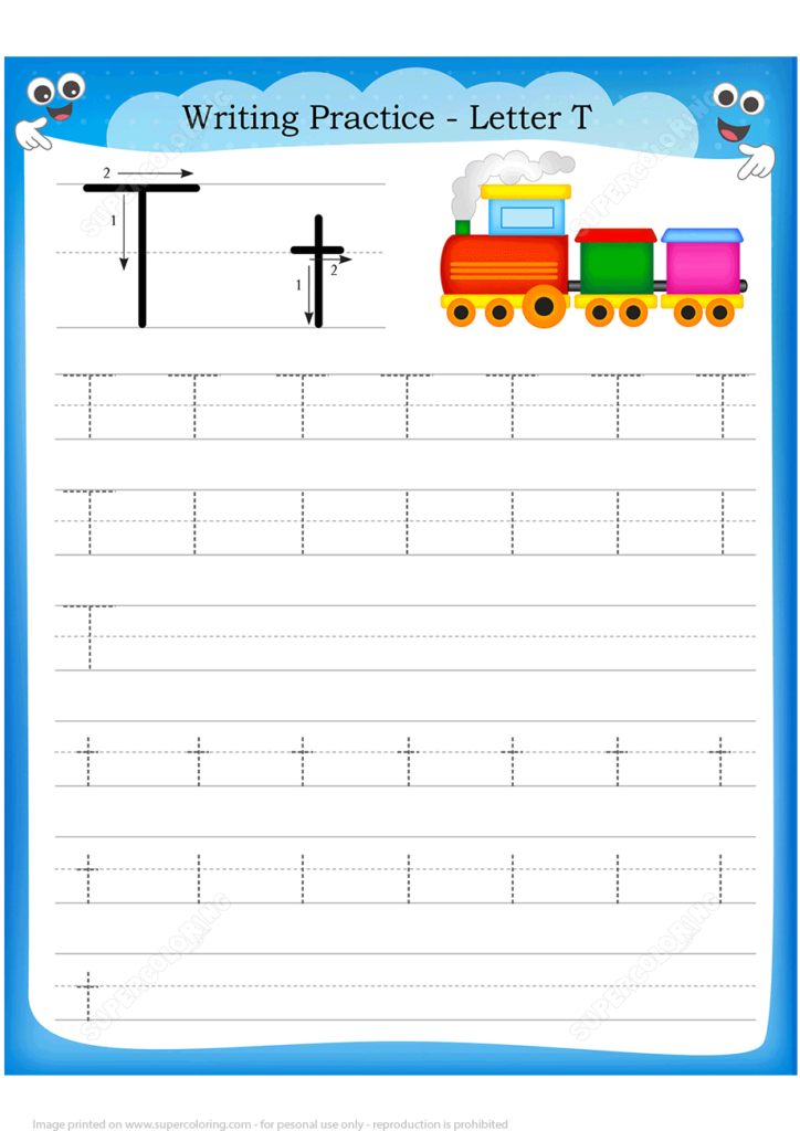 Letter T Is For Train Handwriting Practice Worksheet