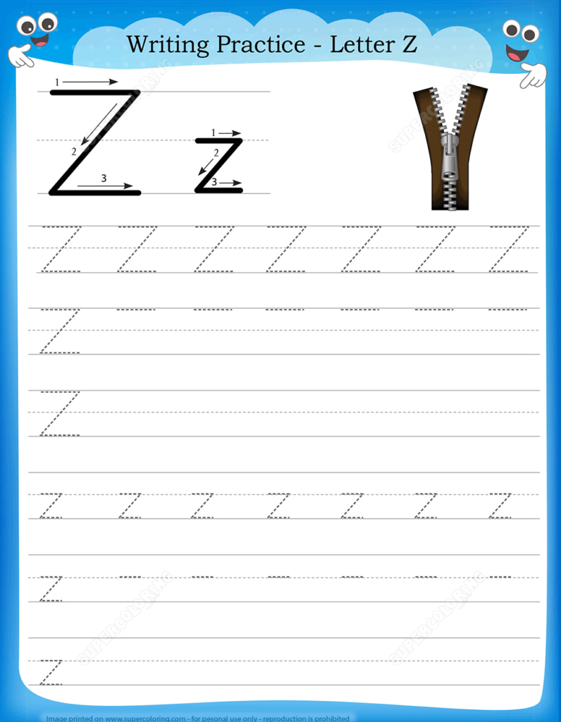 Letter Z Is For Zipper Handwriting Practice Worksheet