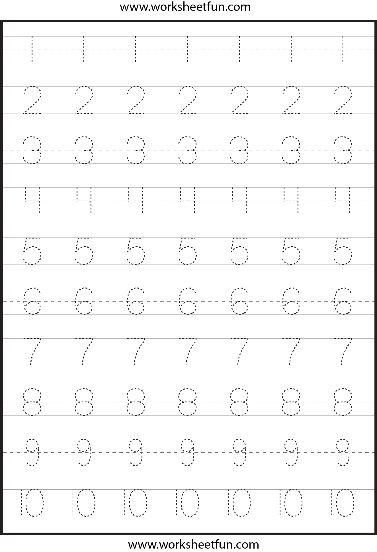 Number Tracing Worksheets For Kindergarten 1 10 Ten 