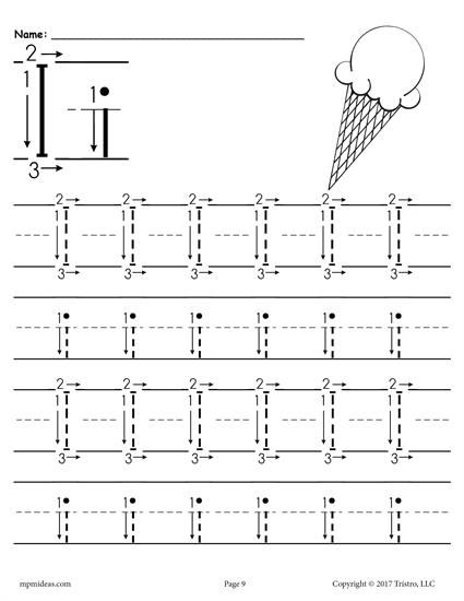 Printable Letter I Tracing Worksheet With Number And Arrow 