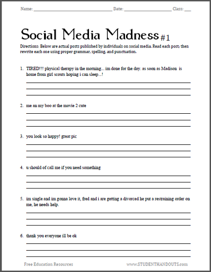 Social Media Madness Worksheets Student Handouts
