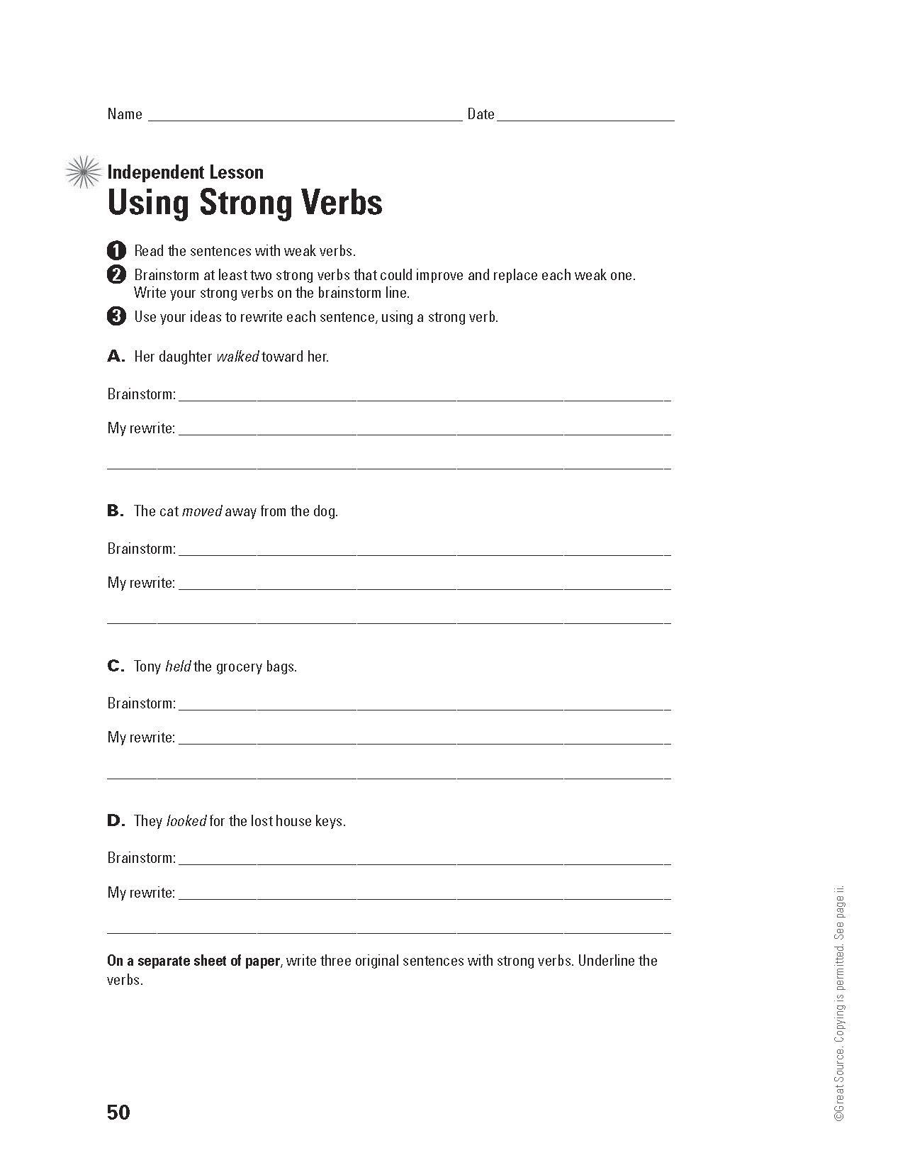 Using Strong Verbs In Writing Worksheet Writing 