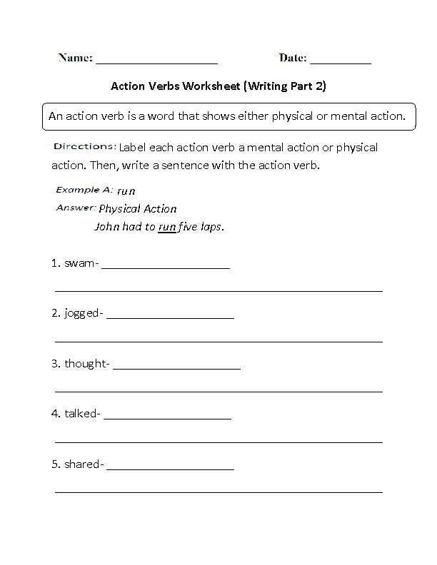 Writing Action Verbs Worksheet Part 2