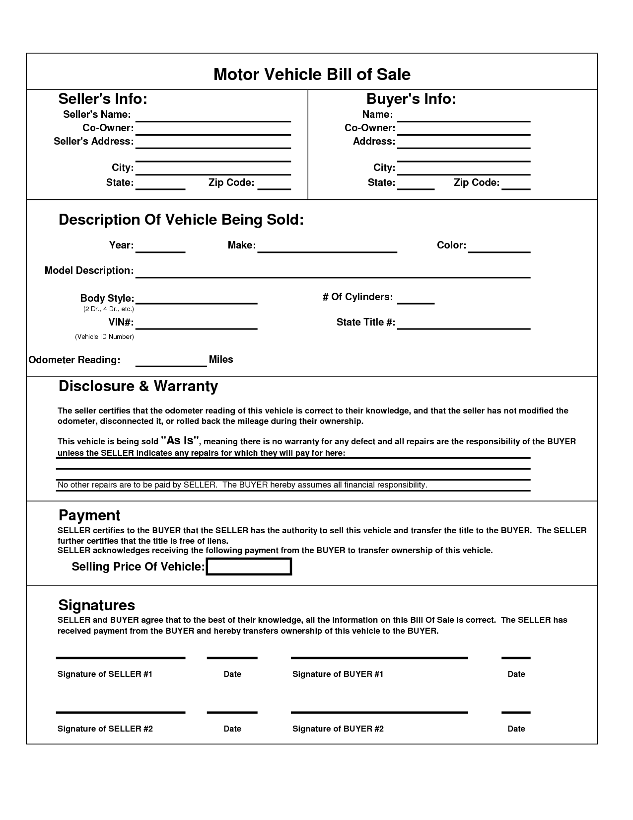 Bill Of Sale For Motor Vehicle PDF Bill Of Sale 