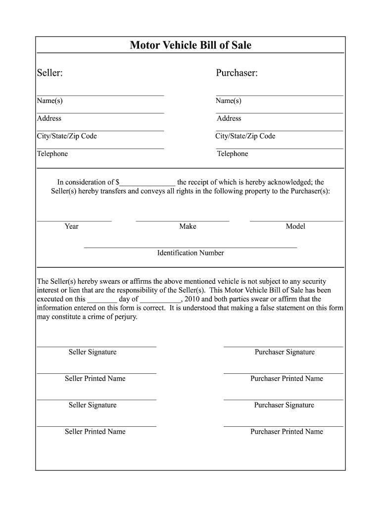 Blank Vehicle Bill Of Sale Template Fillable Pdf 