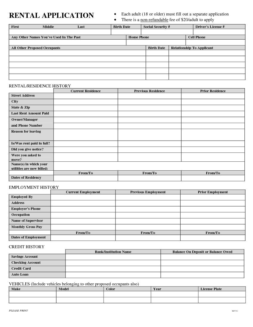 Download Free Blank Rental Application Form Printable