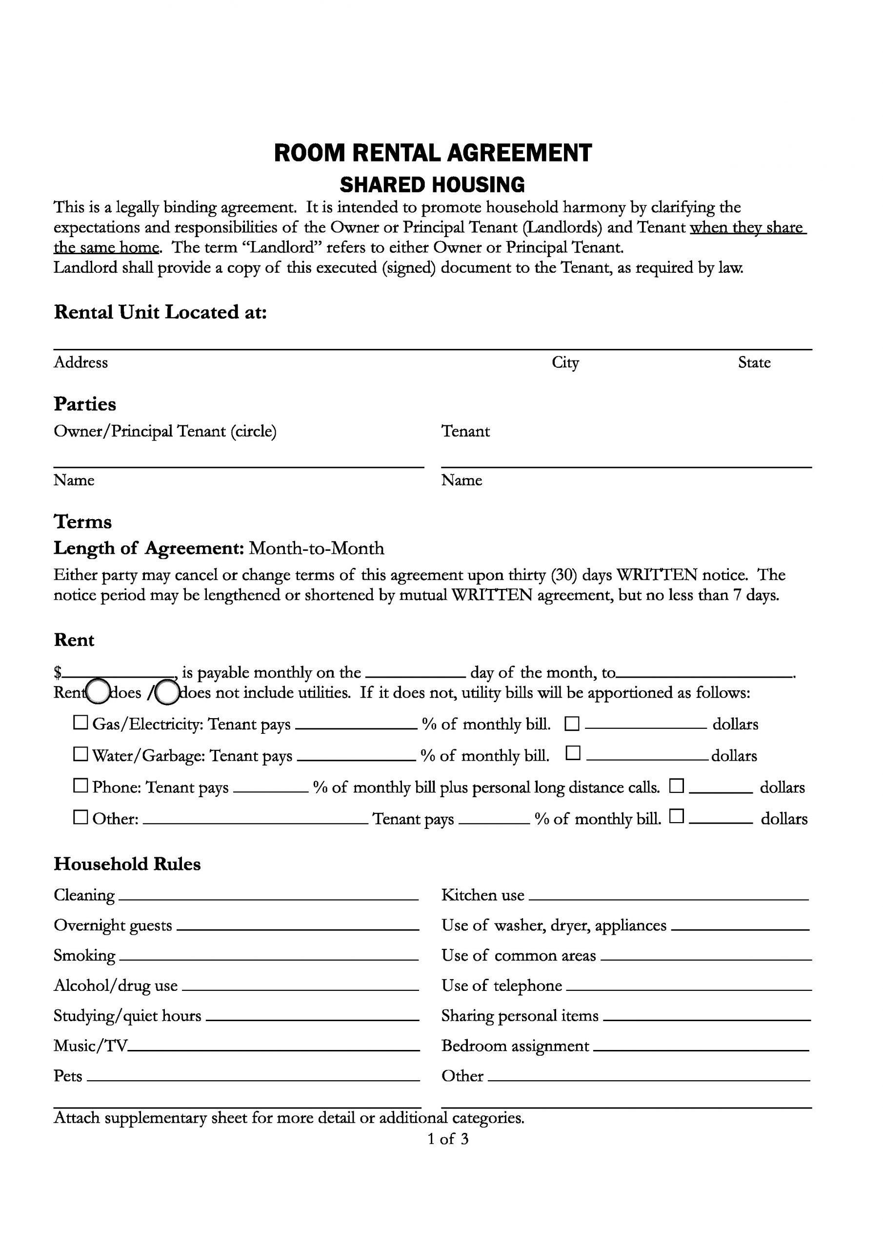 Download Free California Room Rental Agreement Printable 