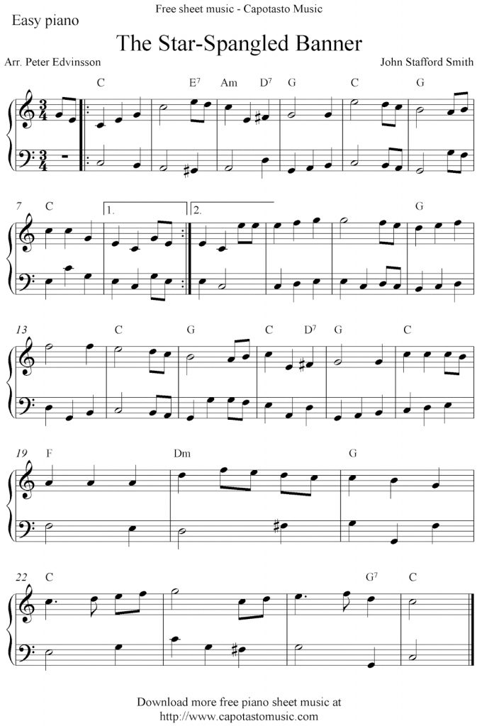 Free Easy Piano Sheet Music Score The Star Spangled Banner