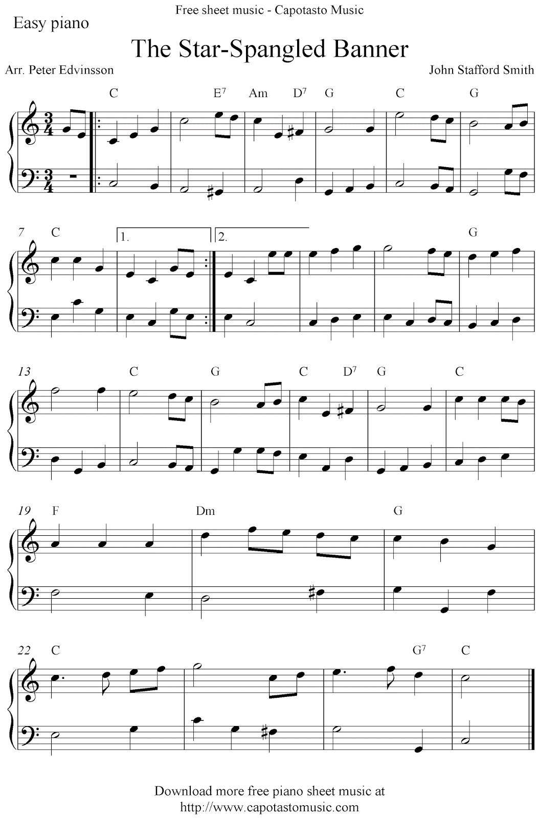 Free Easy Piano Sheet Music Score The Star Spangled Banner