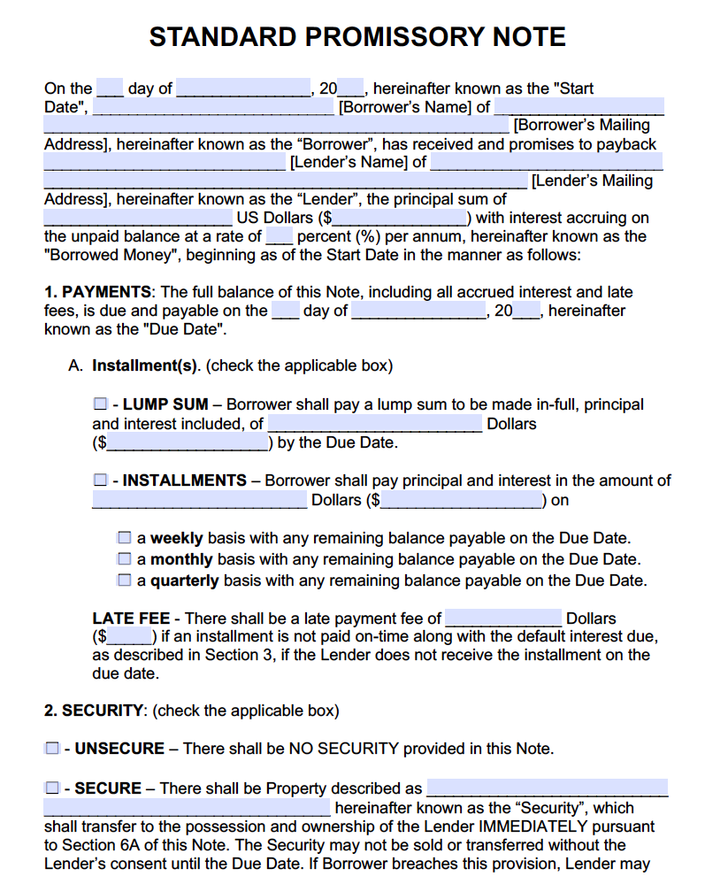 Free Promissory Note Template Word PDF