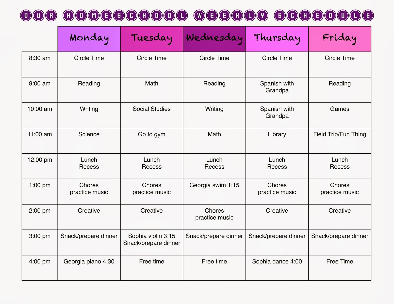 Homeschool Schedule Template Task List Templates