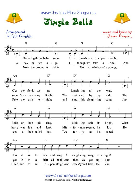 Jingle Bells Sheet Music With Lyrics Melody And Chords